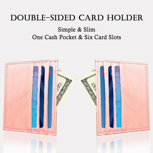 WOXVM Credit Card Holder Wallet RFID Blocking Slim Credit Card Cases Holder Premium Leather Minimalist Front Pocket Small Wallet with 6 Card Slots and 1 Pockets for Men Women (Pink) - Image 4