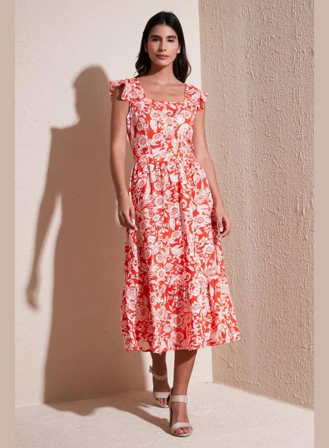 Lela Lela Patterned Regular Fit Square Neck Ruffled Midi Dress Women's Dress 611EL501