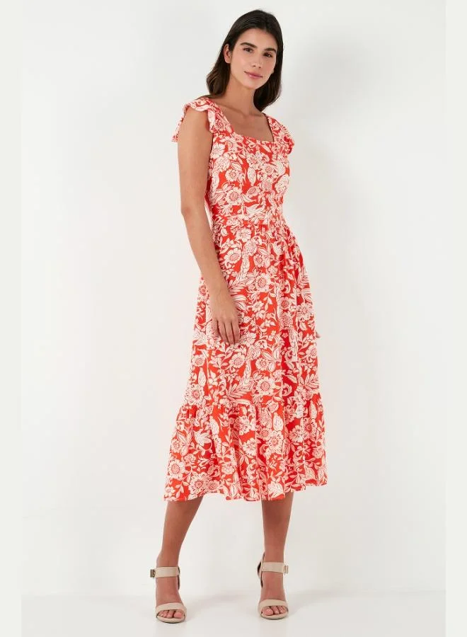 Lela Lela Patterned Regular Fit Square Neck Ruffled Midi Dress Women's Dress 611EL501