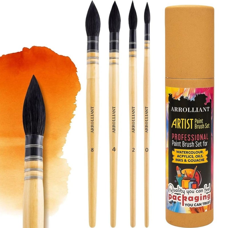 ARROLLIANT Art Synthetic Squirrel Hair Watercolor Paint Brush Set – Round Pointed Detail Brushes for Watercolor, Gouache, Fine Detailing – Professional Artist Paintbrushes – Set of 4 - Image 1