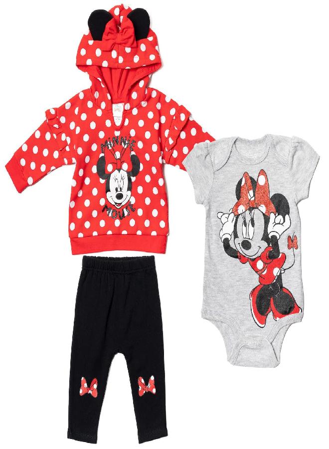 Disney Disney Minnie Mouse Newborn Baby Boy or Girl 3 Piece Outfit Set: Pants Bodysuit Hoodie Red 0-3 Months  - Image 1