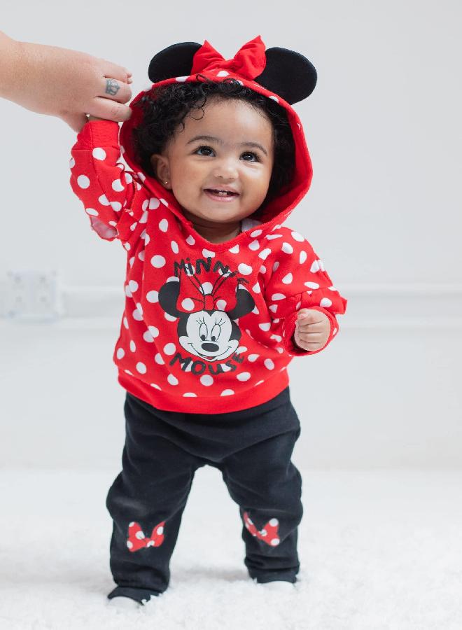 Disney Disney Minnie Mouse Newborn Baby Boy or Girl 3 Piece Outfit Set: Pants Bodysuit Hoodie Red 0-3 Months  - Image 3