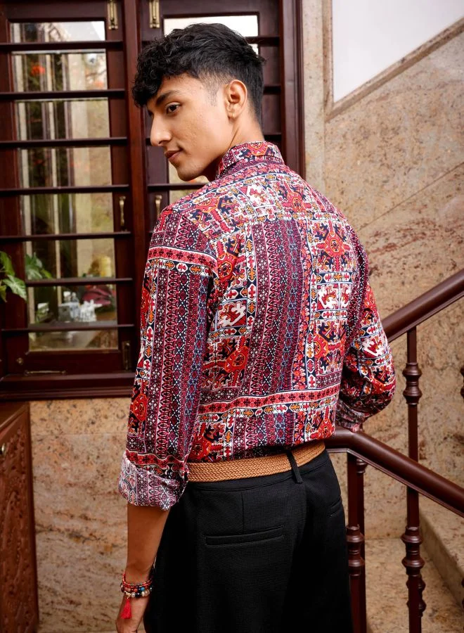 The Indian Garage Co Men Slim Fit Indie Printed Full Sleeves Cutaway Collar Resort Wear Shirt