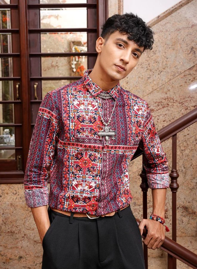 The Indian Garage Co Men Slim Fit Indie Printed Full Sleeves Cutaway Collar Resort Wear Shirt