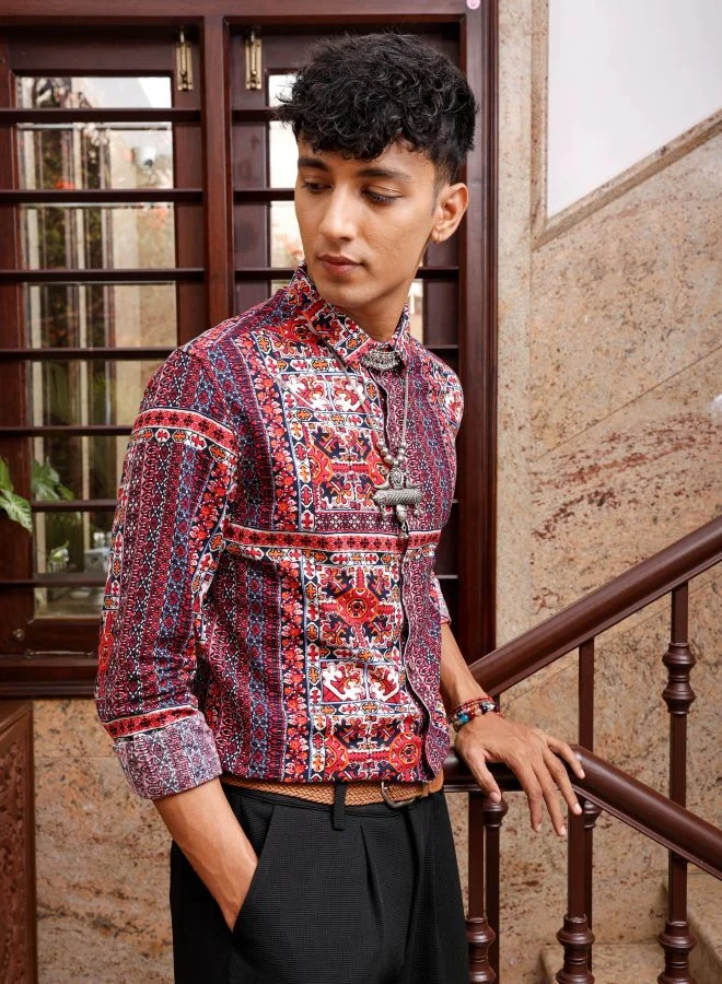 The Indian Garage Co Men Slim Fit Indie Printed Full Sleeves Cutaway Collar Resort Wear Shirt