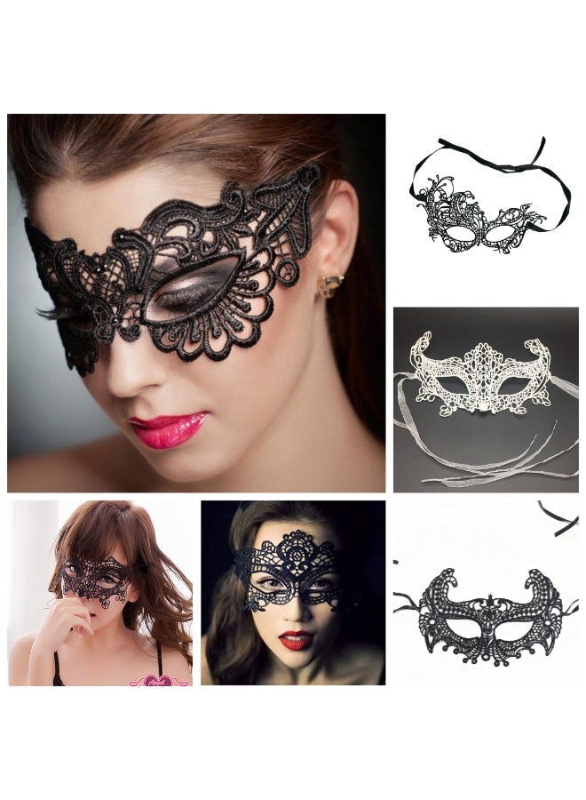 6 Pack Lace Masquerade Masks for Women, 5 Black + 1 White Venetian Eye Mask Set, Mysterious Sexy Costume Party Favors, Carnival Mardi Gras Halloween Cosplay Ball Masks with Adjustable Ribbon - Image 1
