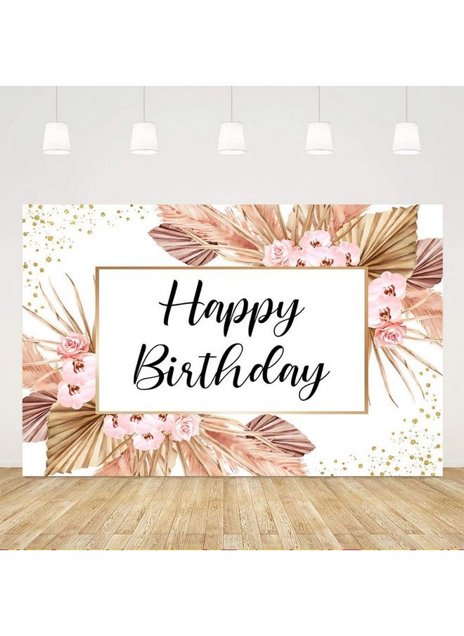Ticuenicoa 5X3Ft Pink Pampas Grass Happy Birthday Backdrop Flowers Girls Women Birthday Photography Background Sweet 16Th 21St 30Th 40Th Banner Cake Table Supplies Party Decoration Photo Booth Props  - Image 2