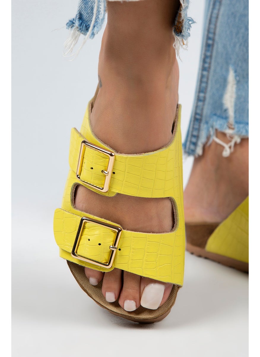 Manijero Croco - Hb Women's Genuine Leather Double Buckle Crocodile Yellow Slippers  - Image 1