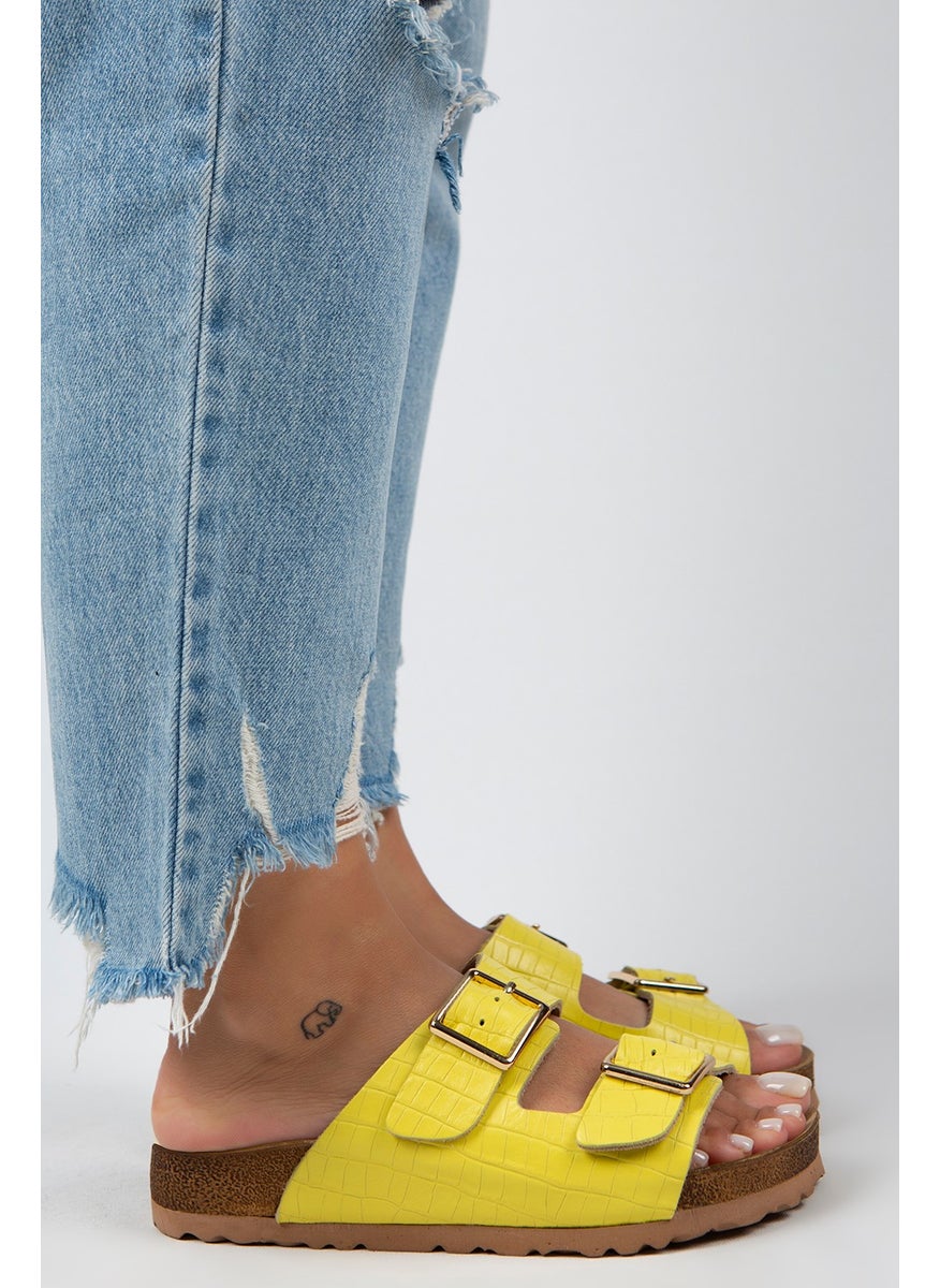 Manijero Croco - Hb Women's Genuine Leather Double Buckle Crocodile Yellow Slippers  - Image 2