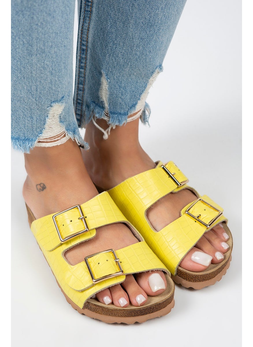 Manijero Croco - Hb Women's Genuine Leather Double Buckle Crocodile Yellow Slippers  - Image 5
