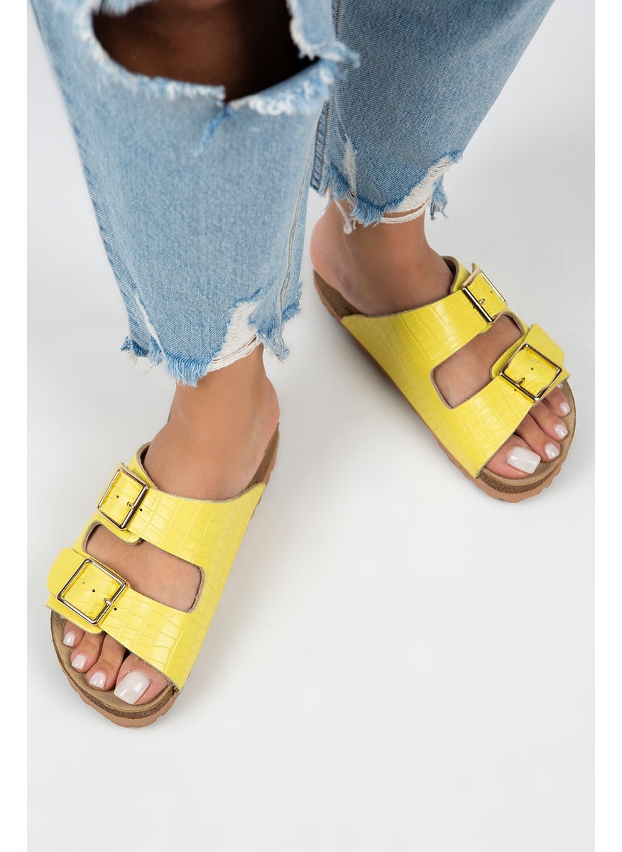 Manijero Croco - Hb Women's Genuine Leather Double Buckle Crocodile Yellow Slippers  - Image 4