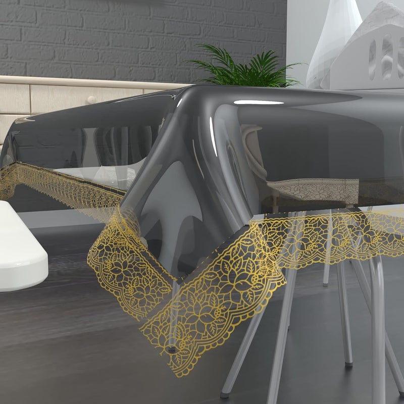 TANLOOMS أغطية طاولات طعام مربعة شفافة من تانلومز PVC مع دانتيل ذهبي 6 مقاعد بحجم 72 × 72 بوصة - Image 2