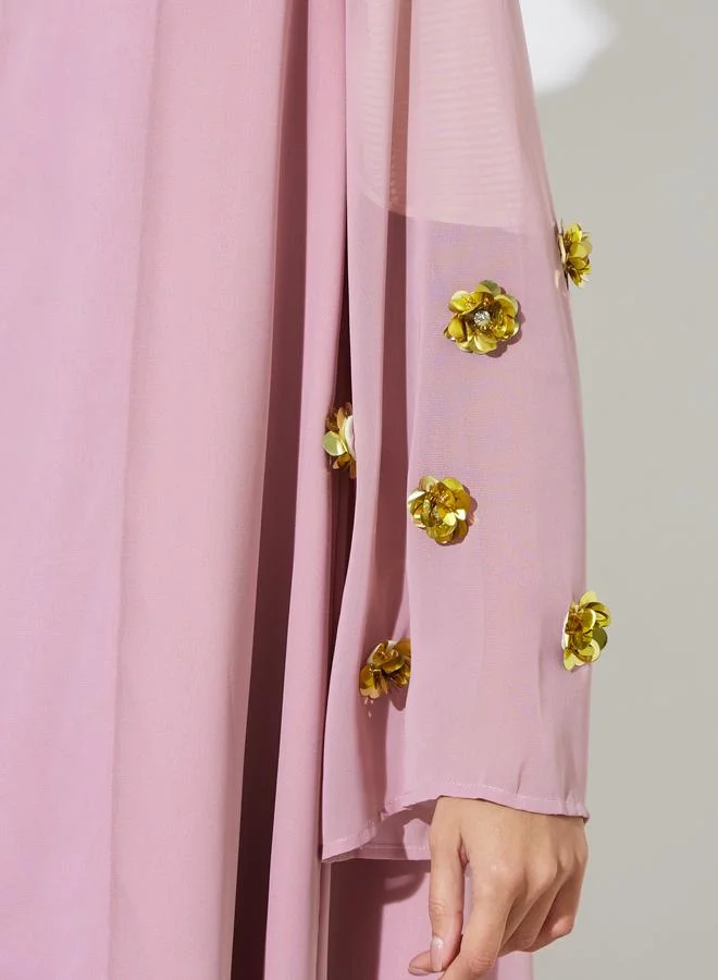 Amirah  Pink Solid Open Front Abaya with Floral Embellished Sleeves for Women | Best Price UAE