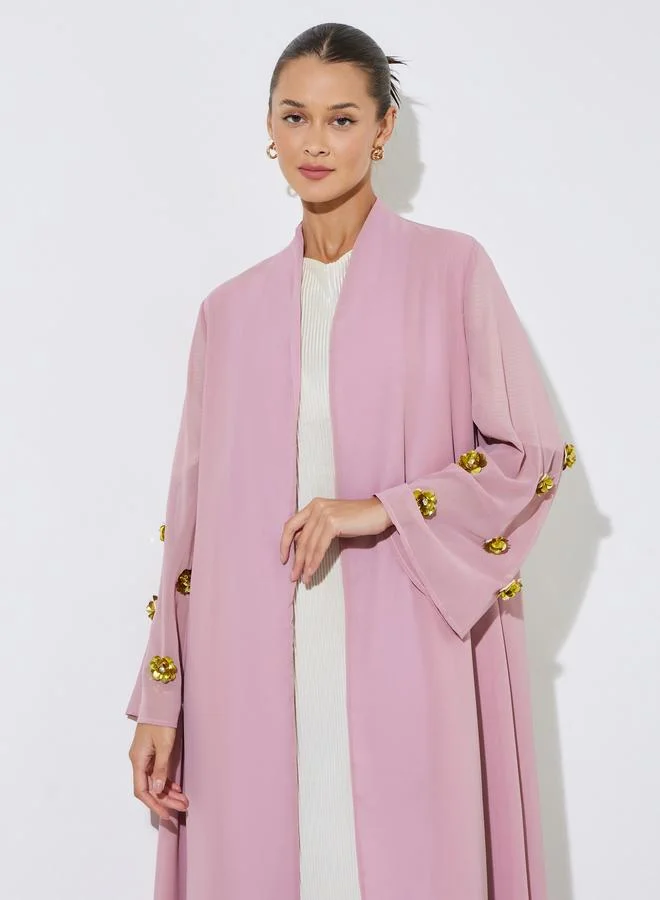 Amirah  Pink Solid Open Front Abaya with Floral Embellished Sleeves for Women | Best Price UAE