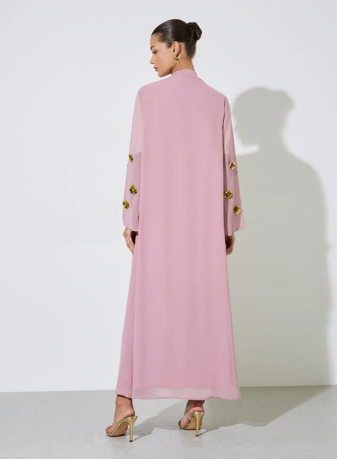 Amirah  Pink Solid Open Front Abaya with Floral Embellished Sleeves for Women | Best Price UAE