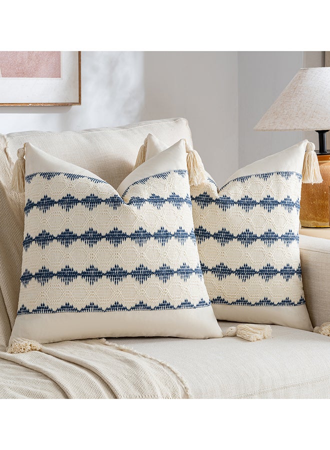 Fancy Homi مجموعة من 2 غطاء وسادة زخرفي عتيق للكنبة، السرير والأريكة، نمط ساحلي بوهيمي وريفى مع خيوط، تصميم جمالي وحديث - 45x45 سم - أزرق باهت - Image 1