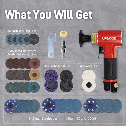 UPWOOD Pneumatic Mini Orbital Sander Grinder Polisher Kit, 2 inch Air Right Angle Surface Prep Tool with 41pcs Roll Lock Discs - Image 2