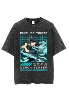 Washed retro T-shirt street hip hop anime Demon Slayer Kimetsu No Yaiba casual cotton summer short sleeves