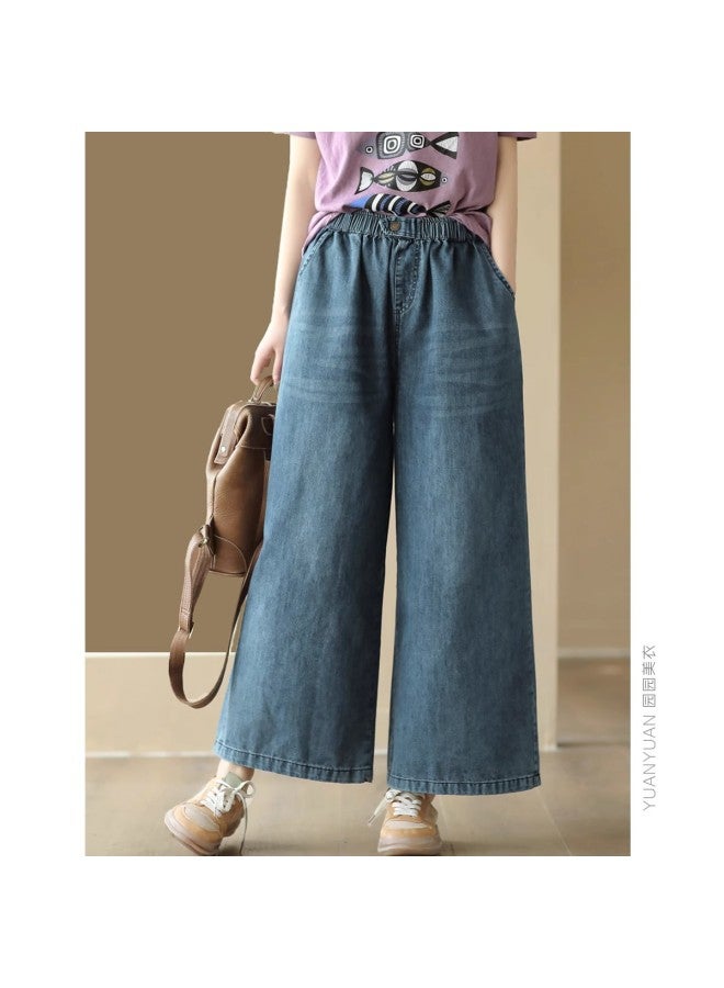 Summer Vintage Yarn-dyed Cotton Jeans Women's Slimming High Waist Straight Leg Pants Casual Pants Wide Leg Pants 2223 