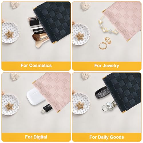 PENGJINYU 2 PCS Small Makeup Bag for Women, Small Pouches for Purse,Mini Checkered Cosmetic Bag Waterproof Pouch for Travel Storage bag, for Cosmetics Headphones Jewelry Cosmetic Lipstick Coins (Black, Pink) - Image 4