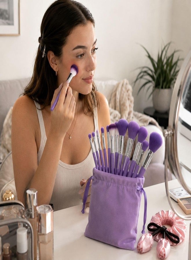 Atrube 13-Piece Purple Makeup Brush Set with Velvet Pouch & FREE Satin Tulip Scrunchie – Soft Synthetic Face & Eye Makeup Brushes for Foundation, Powder, Blush, Concealer & Blending - Image 3