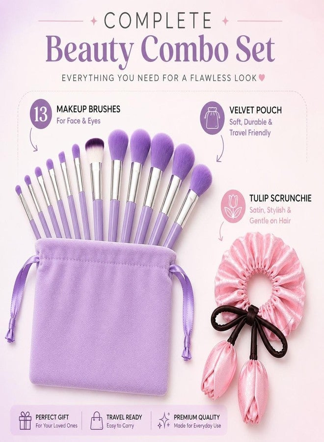 Atrube 13-Piece Purple Makeup Brush Set with Velvet Pouch & FREE Satin Tulip Scrunchie – Soft Synthetic Face & Eye Makeup Brushes for Foundation, Powder, Blush, Concealer & Blending - Image 4