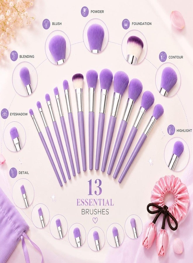 Atrube 13-Piece Purple Makeup Brush Set with Velvet Pouch & FREE Satin Tulip Scrunchie – Soft Synthetic Face & Eye Makeup Brushes for Foundation, Powder, Blush, Concealer & Blending - Image 2