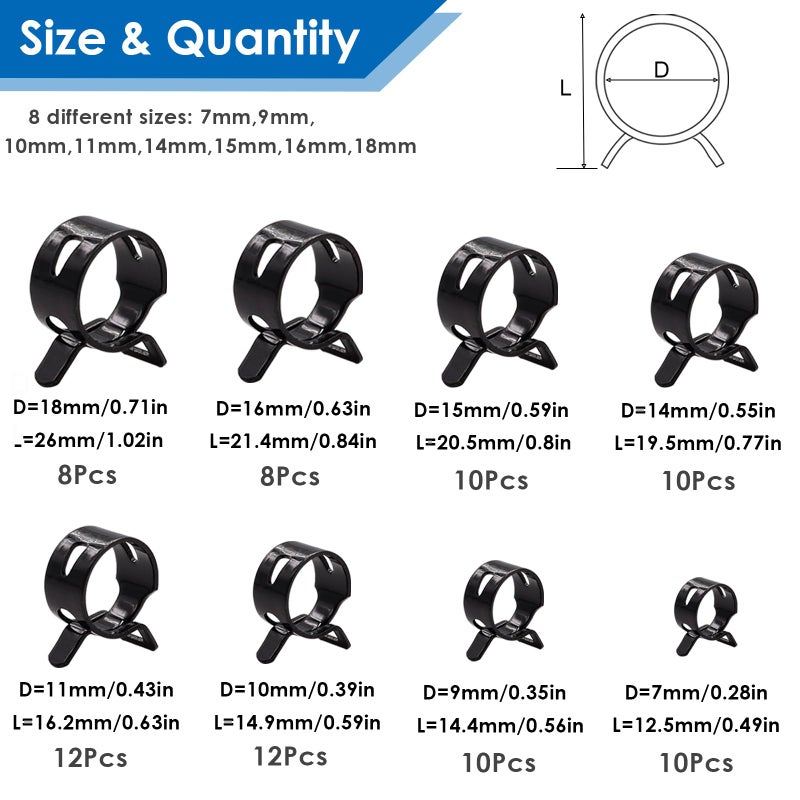 Tnisesm 80Pcs Spring Band Hose Clamps Assortment kits Silicone Vacuum Hose Pipe Clamp 7mm 9mm 10mm 11mm 14mm 15mm 16mm 18mm Low Pressure Air Clip Clamp(Black) - Image 2