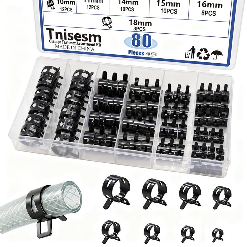 Tnisesm 80Pcs Spring Band Hose Clamps Assortment kits Silicone Vacuum Hose Pipe Clamp 7mm 9mm 10mm 11mm 14mm 15mm 16mm 18mm Low Pressure Air Clip Clamp(Black) - Image 1