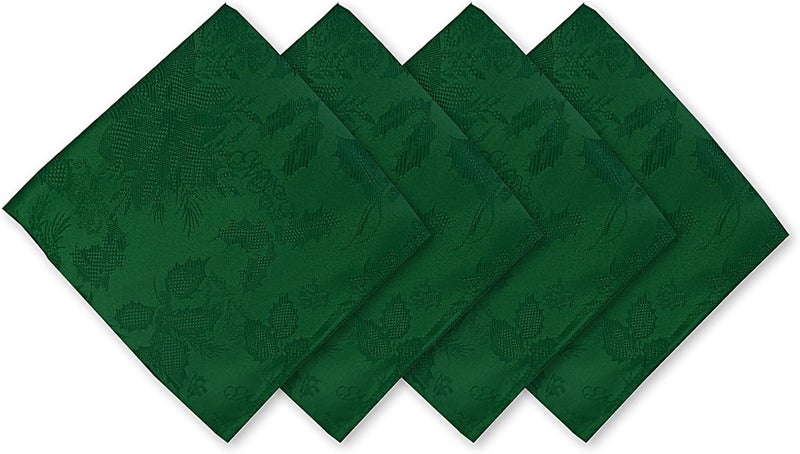 Newbridge Christmas Carol Holiday Noel Damask Napkins Holly Leaf and Poinsettia Weave Damask Soil Resistant Wrinkle Free Easy Care Napkins Set of 4 Fabric Napkins Hunter Green - Image 1