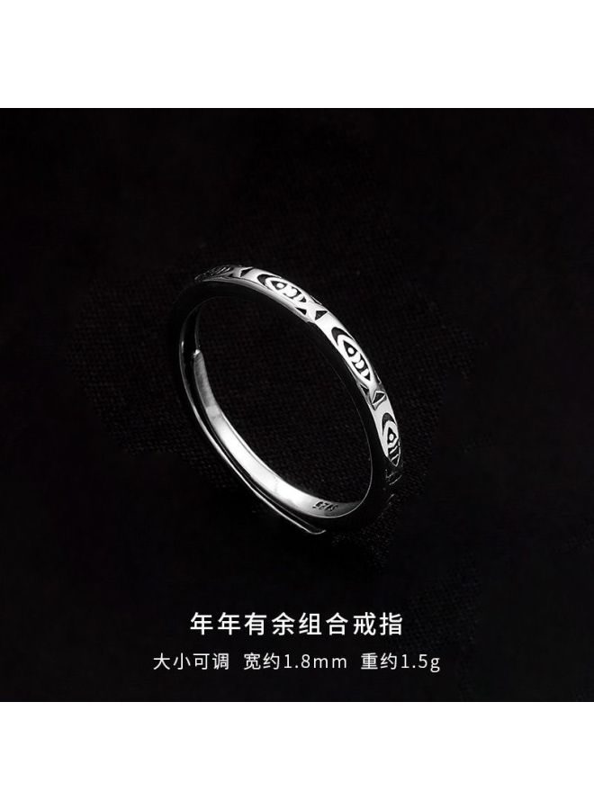 Vintage Silver-plated Annual Fish Ring Boys Niche Design Plain Ring Good Luck Adjustable Tail Ring National Style High-grade