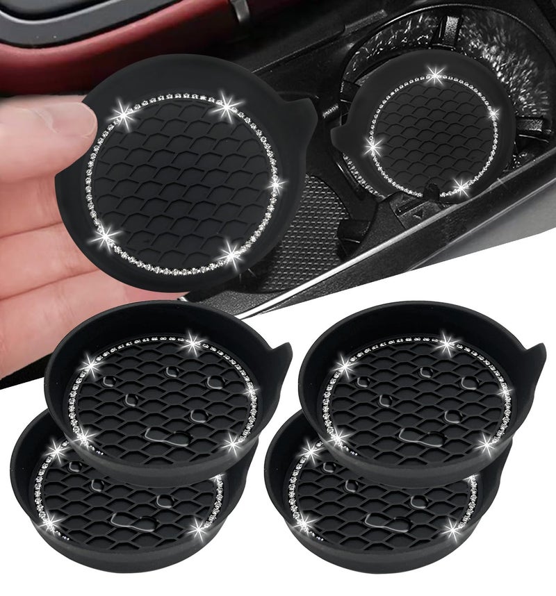 NBTEPEM 4PCS Bling Car Coasters, Non-Slip Insert Water Bottle Holder Pads, Bling Crystal Rhinestone Dustproof Automotive Interior Accessories, Universal for Vehicles, Trucks, RVs (4 pcs, Black) - Image 1