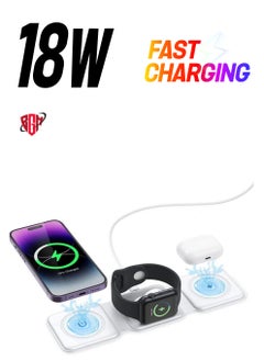 3 in 1 Wireless Charger, Foldable Magnetic Charger Station, 18W Fast Wireless Charging Pad, Compatible with iPhone 14/13/12/11, Samsung