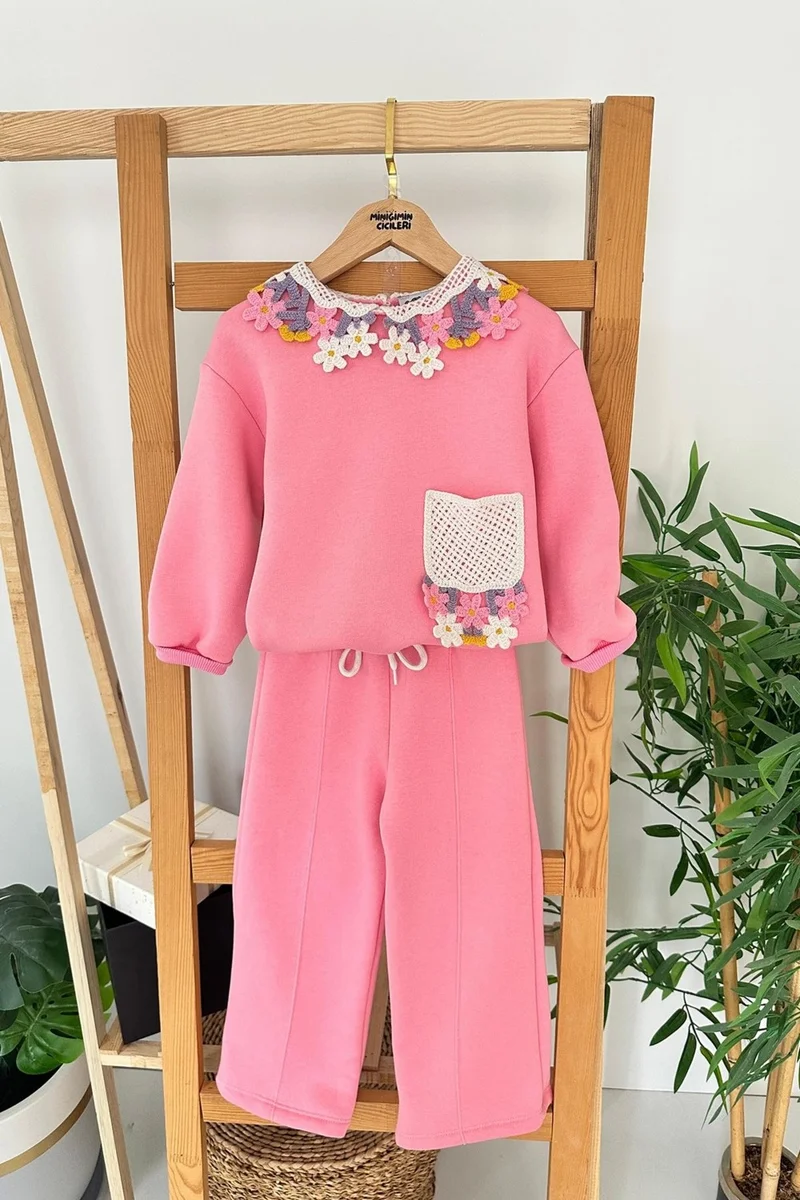 مينيمن جيجيليري My Little One's Cicileri Flower Knitted Collar Patterned Girl's 2-Piece Winter Set - Pink