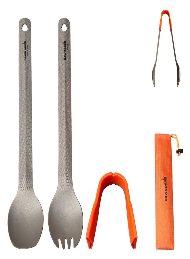 Dawn Deer 3 in1 Titanium Ultralight Cutlery Set, Long Handle Spoon and Spork, Camping tong, Travel Utensils with Bag (22CM) - Image 1