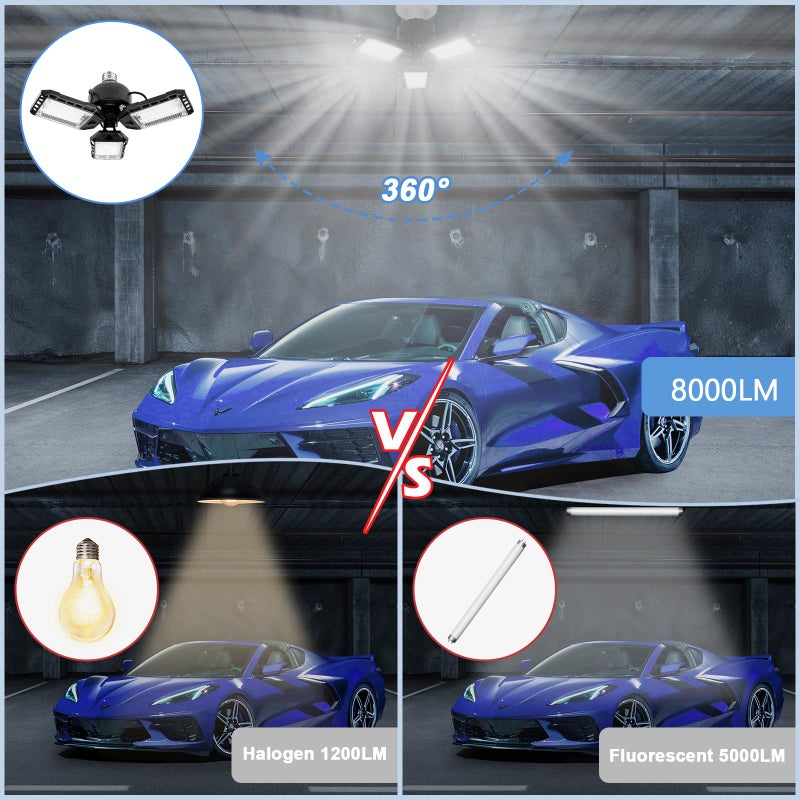 Aoretic LED Garage Lights 2 Pack -80W, 8000LM 6500K Led Shop Light with 3 Deformable Panels, Basement Barn Light Garage Ceiling Lights, E26 for Garage, Warehouse, Shop, Basement - Image 3