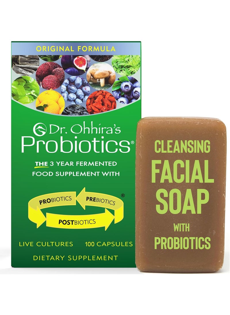 essential formulas - Dr. Ohhira's Probiotics Original Formula 100 Caps with Bonus Beauty Bar Soap Travel Size 20g - No Refrigeration Supplement for Women and Men, 13 Probiotic Strains - Image 1