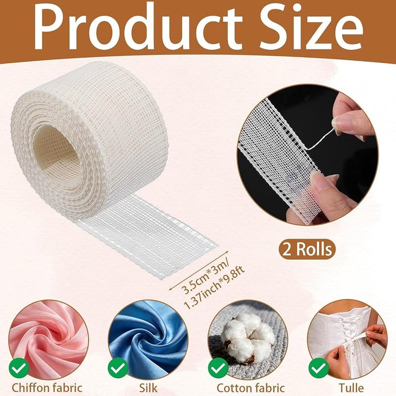 TERRIFI 2 Rolls 6.5 Yards Hemming Tape for Sewing, 1.37 Inch White Hem Tape with Fishbone Boning Lining, Reusable for Narrow & Curved Hems for Skirts, Dresses, Wedding Veils & Clothing - Image 2