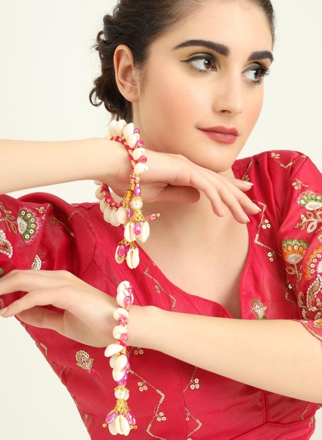 ZULKA مجموعة أساور زولكا الجميلة المصنوعة من أصداف البحر، مزينة باللؤلؤ والخرز، للنساء والفتيات | أساور زفاف يدوية الصنع لحفلات الزفاف، وحفلات الحناء، وحفلات السانجيت - (ZU_F198-Pink-FreeSize) - Image 2