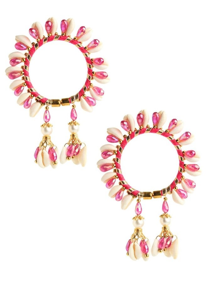 ZULKA مجموعة أساور زولكا الجميلة المصنوعة من أصداف البحر، مزينة باللؤلؤ والخرز، للنساء والفتيات | أساور زفاف يدوية الصنع لحفلات الزفاف، وحفلات الحناء، وحفلات السانجيت - (ZU_F198-Pink-FreeSize) - Image 1