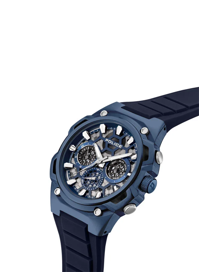 بوليس Men's Challenger 46mm Multifunction Watch with Ion-Plated Blue Case, Transparent Honeycomb Dial & Blue Silicone Strap