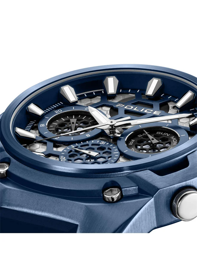 بوليس Men's Challenger 46mm Multifunction Watch with Ion-Plated Blue Case, Transparent Honeycomb Dial & Blue Silicone Strap