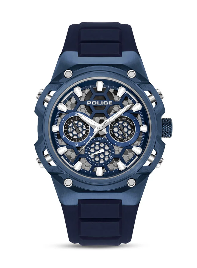 بوليس Men's Challenger 46mm Multifunction Watch with Ion-Plated Blue Case, Transparent Honeycomb Dial & Blue Silicone Strap