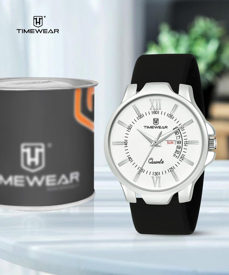 TIMEWEAR Analog White Dial, Day Date Functioning, Black Silicone Strap Watch for Men - Image 3