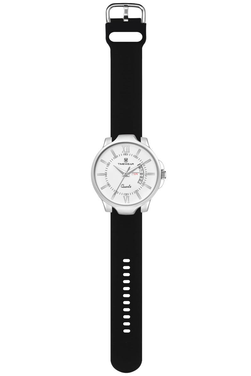 TIMEWEAR Analog White Dial, Day Date Functioning, Black Silicone Strap Watch for Men - Image 1