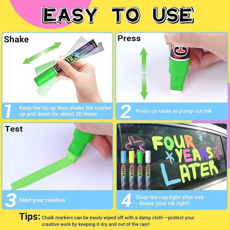 AKARUED Jumbo Chalk Window Markers for Cars Glass Washable: 8 Colors Liquid Chalk Markers Pen with 10mm Wide Tip, Chalkboard Marker, Window Paint Marker for Car Window, Blackboard, Auto Windshield Decorations - Image 5