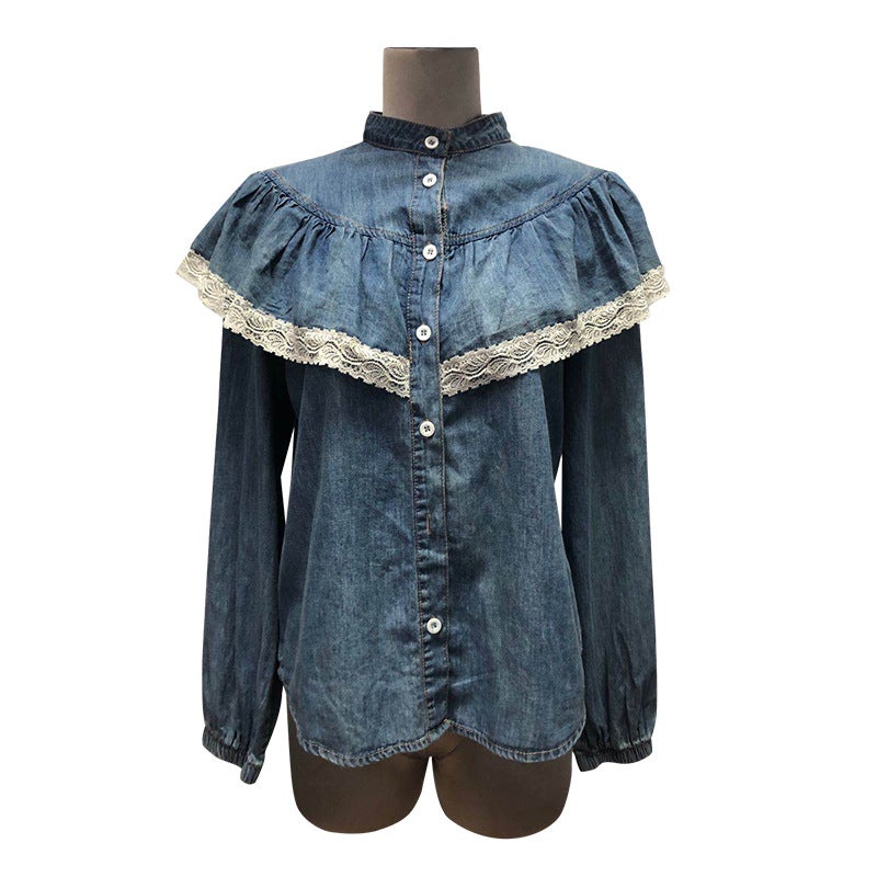 Womens 2020 Autumn Denim Shirt Fashion European and American Vintage Shirt Denim Shirt Denim Jacket Medium Blue 