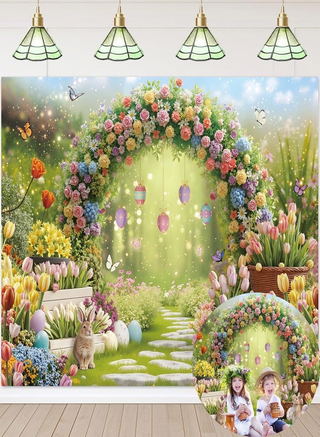 CINRAY Easter Backdrops for Photography 7x5FT Spring Garden Blue Sky Bunny Eggs Flowers Background for Kids Spring Easter Party Decorations Photo Props - Image 1