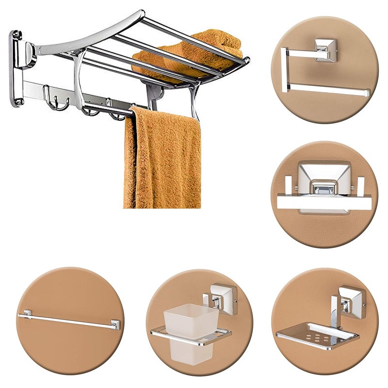 plantex Plantex Stainless Steel Folding Towel Rack with Stainless Steel 304 Grade Squaro Bathroom Accessories Set 5pcs (Towel Rod/Napkin Ring/Tumbler Holder/Soap Dish/Robe Hook)  - Image 1