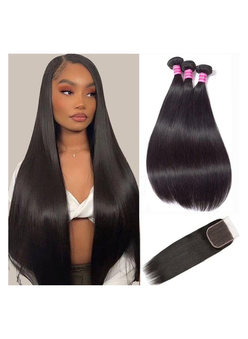 إستيل 3 حزم من الشعر البشري بدرجة 10A مع حزم شعر مستقيمة للإغلاق (20 22 24+18 بوصة) 100% حزم شعر بشري عذراء برازيلي غير معالج مع إغلاق لحمة مزدوجة لون طبيعي - Image 1